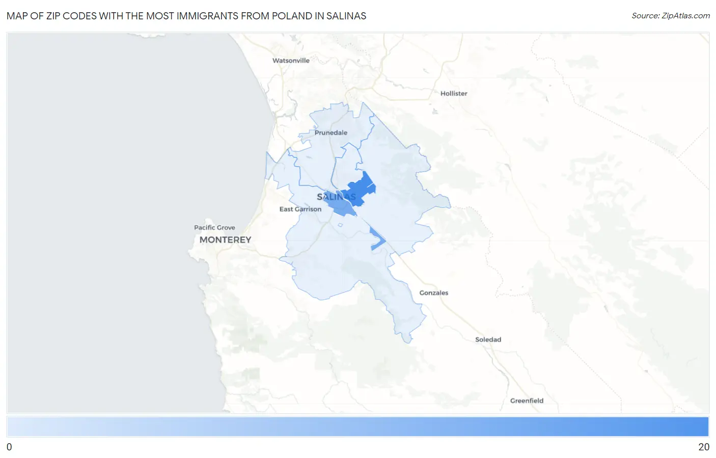 Zip Codes with the Most Immigrants from Poland in Salinas Map