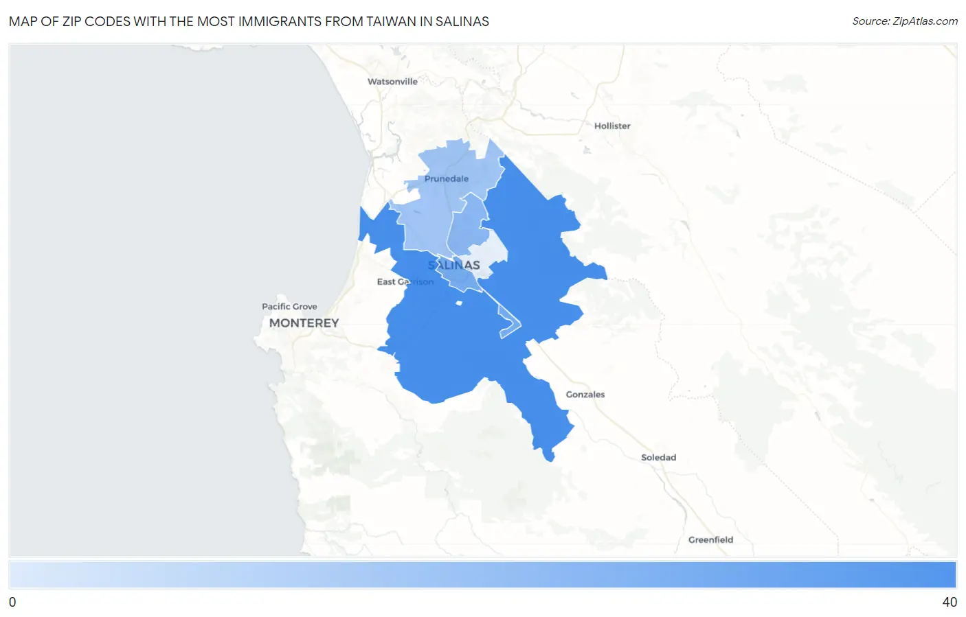 Zip Codes with the Most Immigrants from Taiwan in Salinas Map