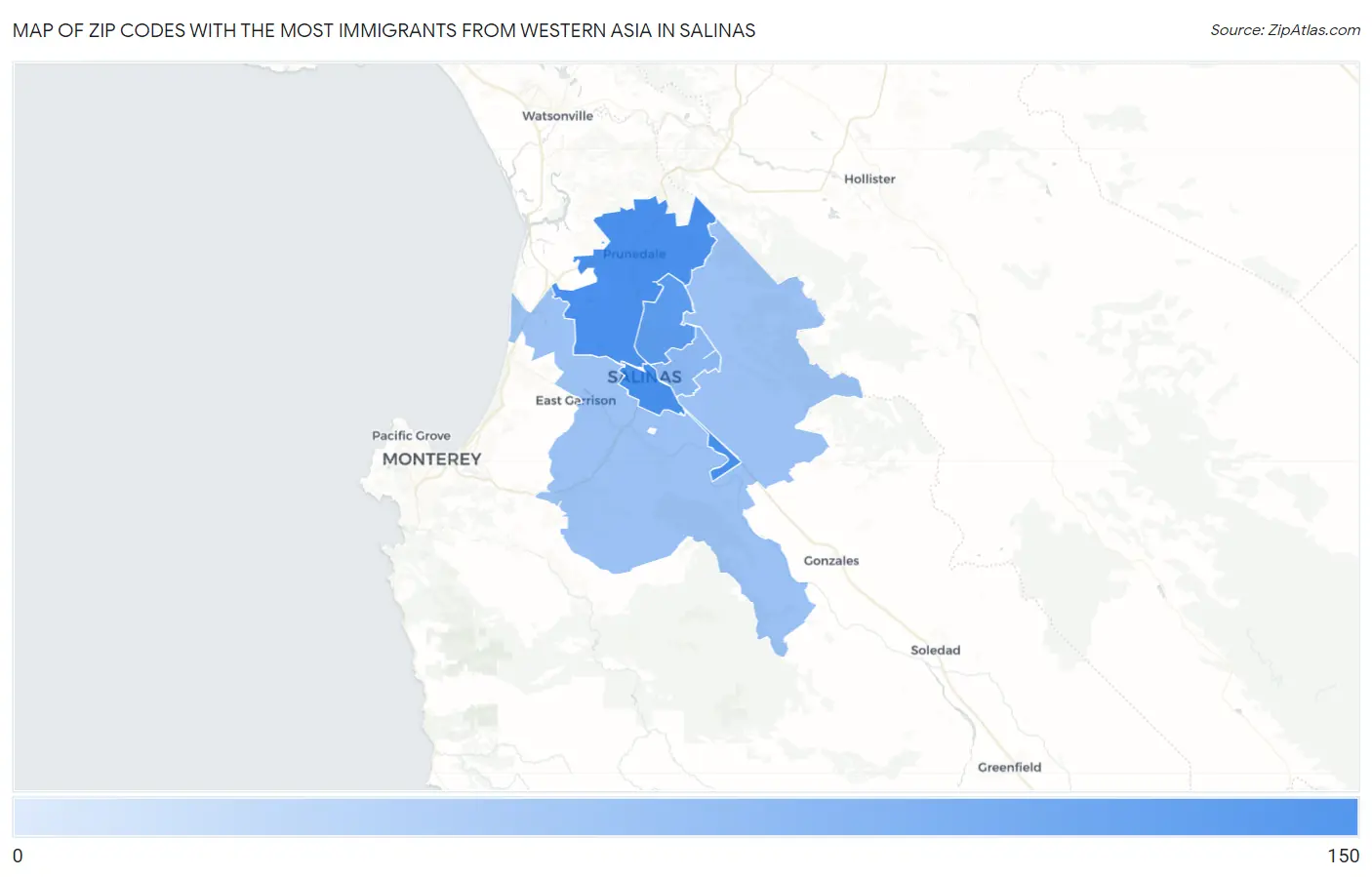 Zip Codes with the Most Immigrants from Western Asia in Salinas Map