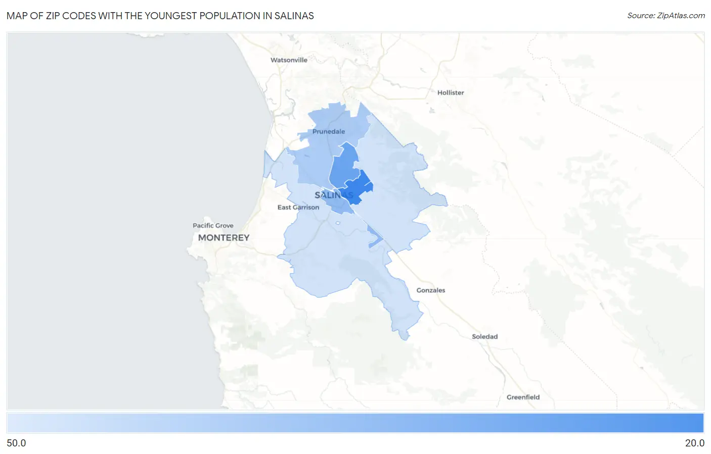Zip Codes with the Youngest Population in Salinas Map