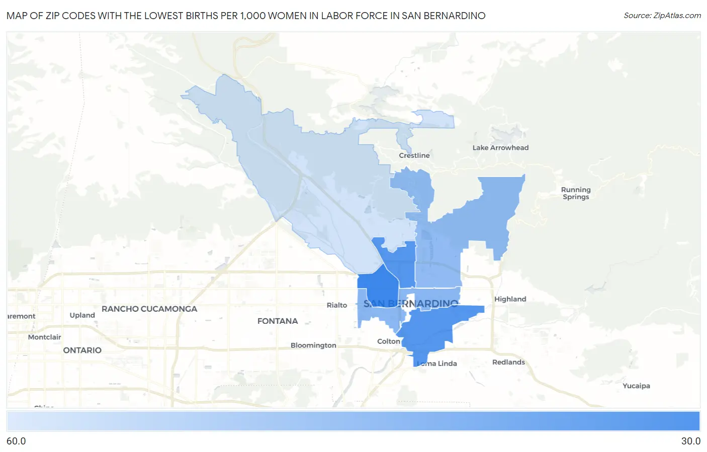 Zip Codes with the Lowest Births per 1,000 Women in Labor Force in San Bernardino Map