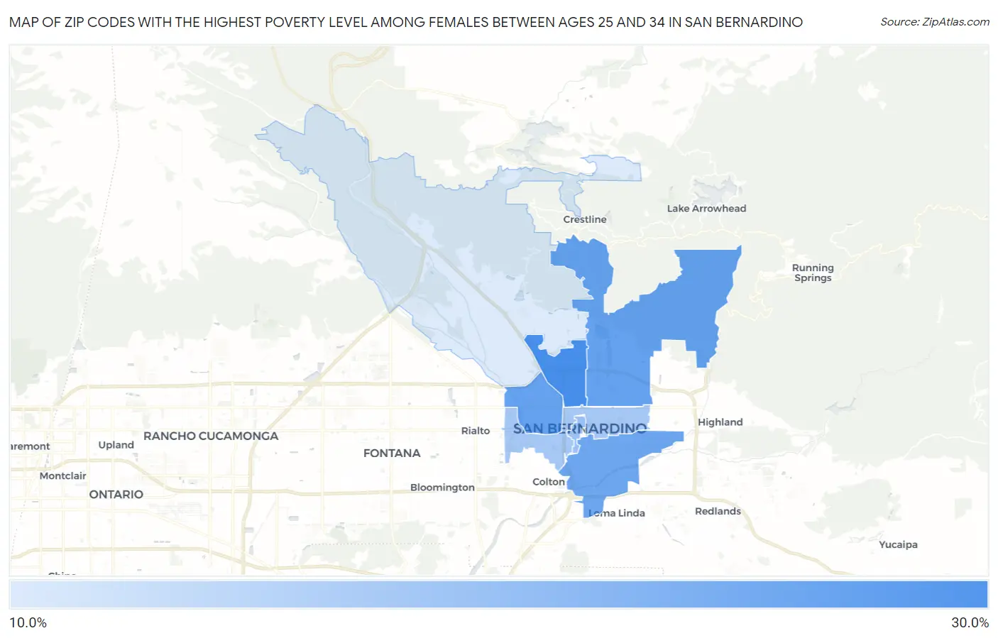 Zip Codes with the Highest Poverty Level Among Females Between Ages 25 and 34 in San Bernardino Map
