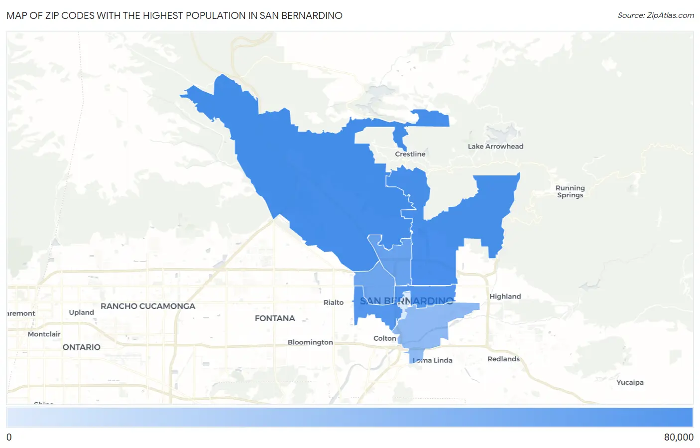 Zip Codes with the Highest Population in San Bernardino Map