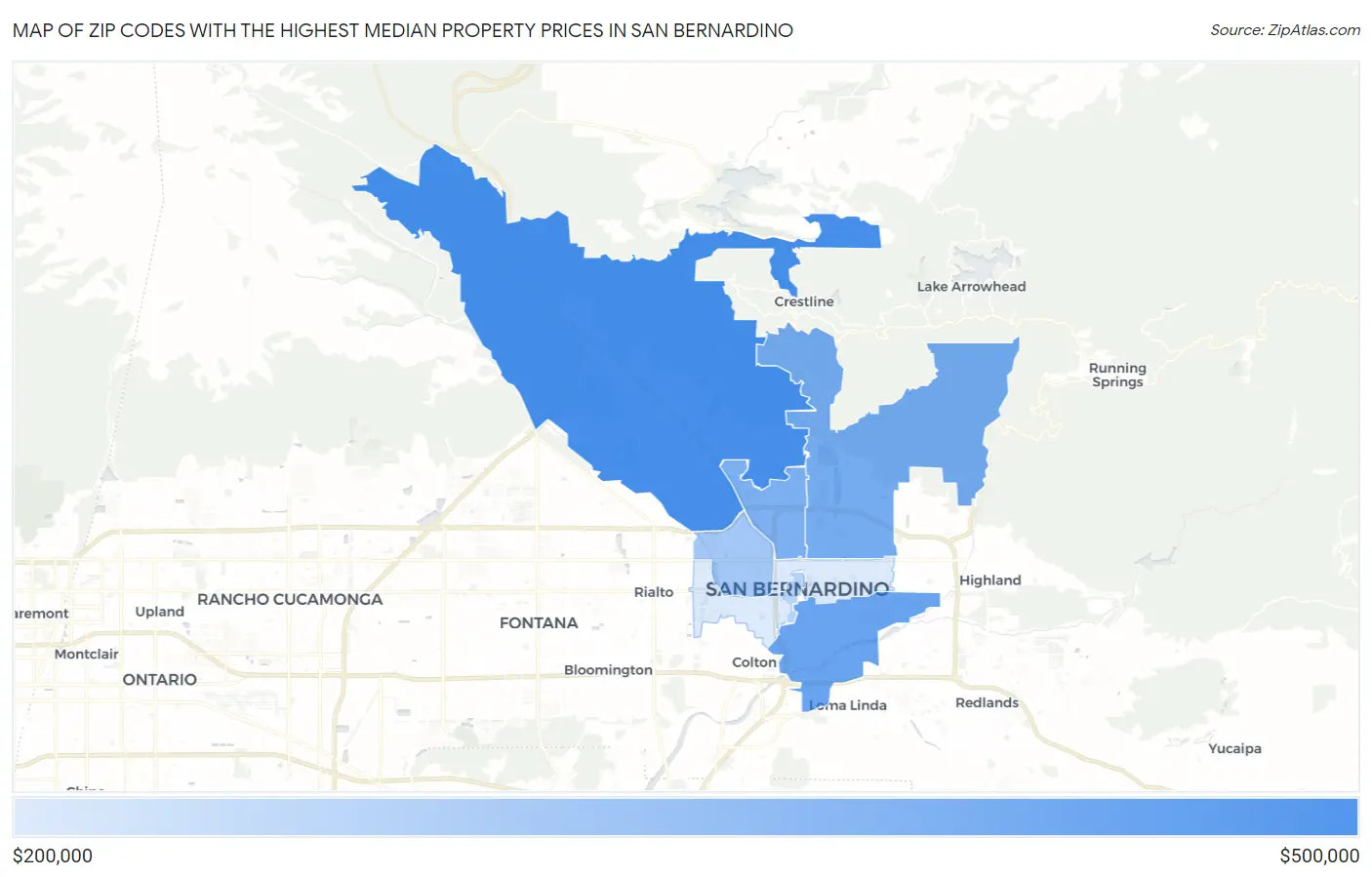 Zip Codes with the Highest Median Property Prices in San Bernardino Map