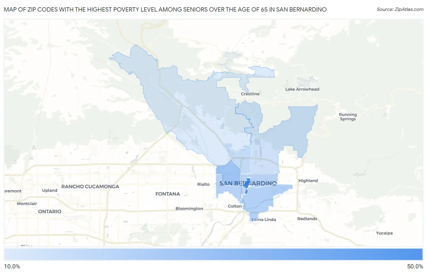 Zip Codes with the Highest Poverty Level Among Seniors Over the Age of 65 in San Bernardino Map