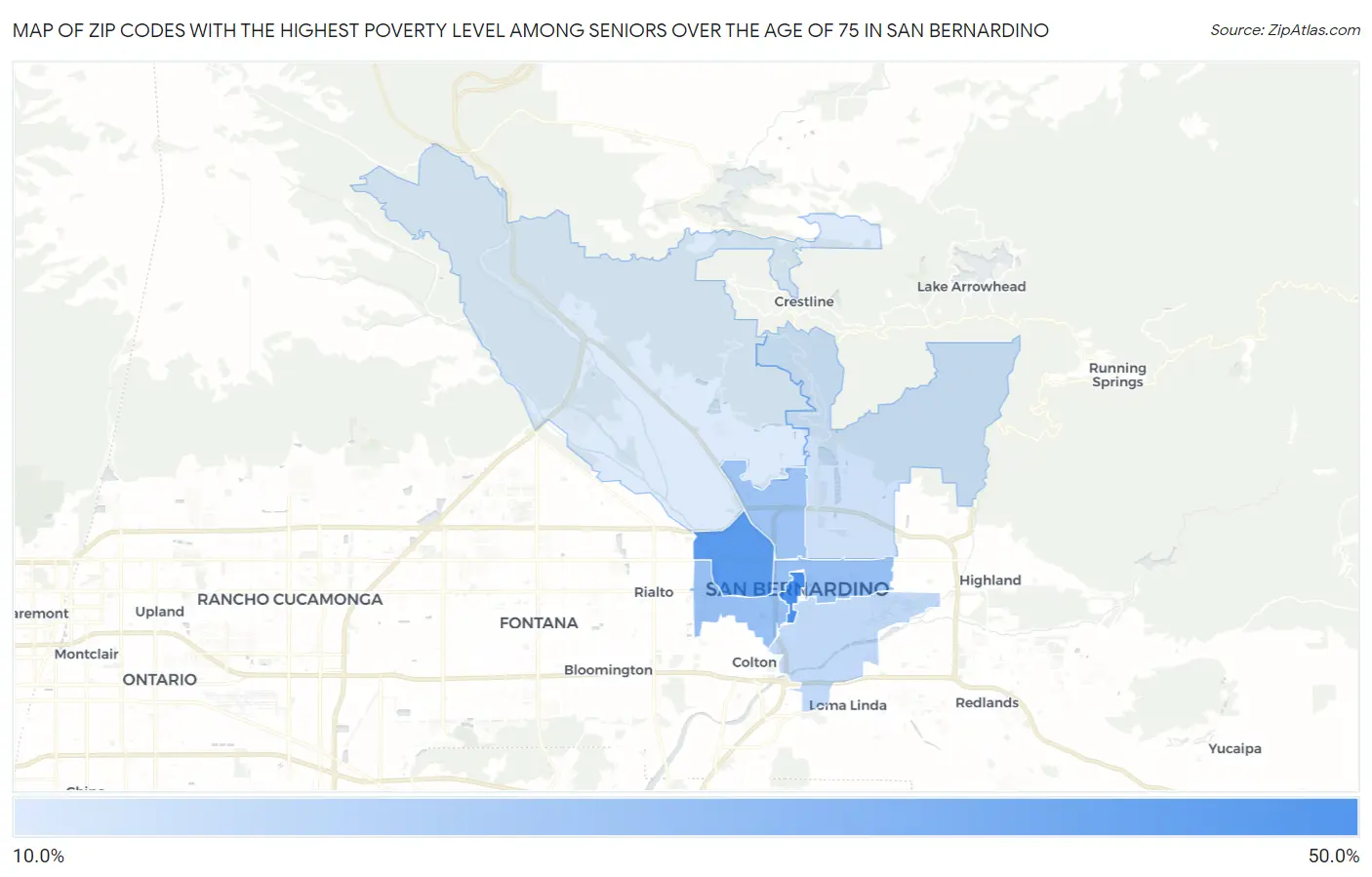 Zip Codes with the Highest Poverty Level Among Seniors Over the Age of 75 in San Bernardino Map