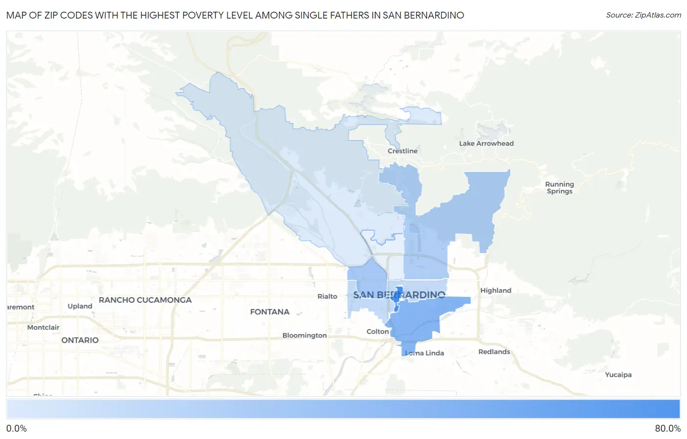 Zip Codes with the Highest Poverty Level Among Single Fathers in San Bernardino Map