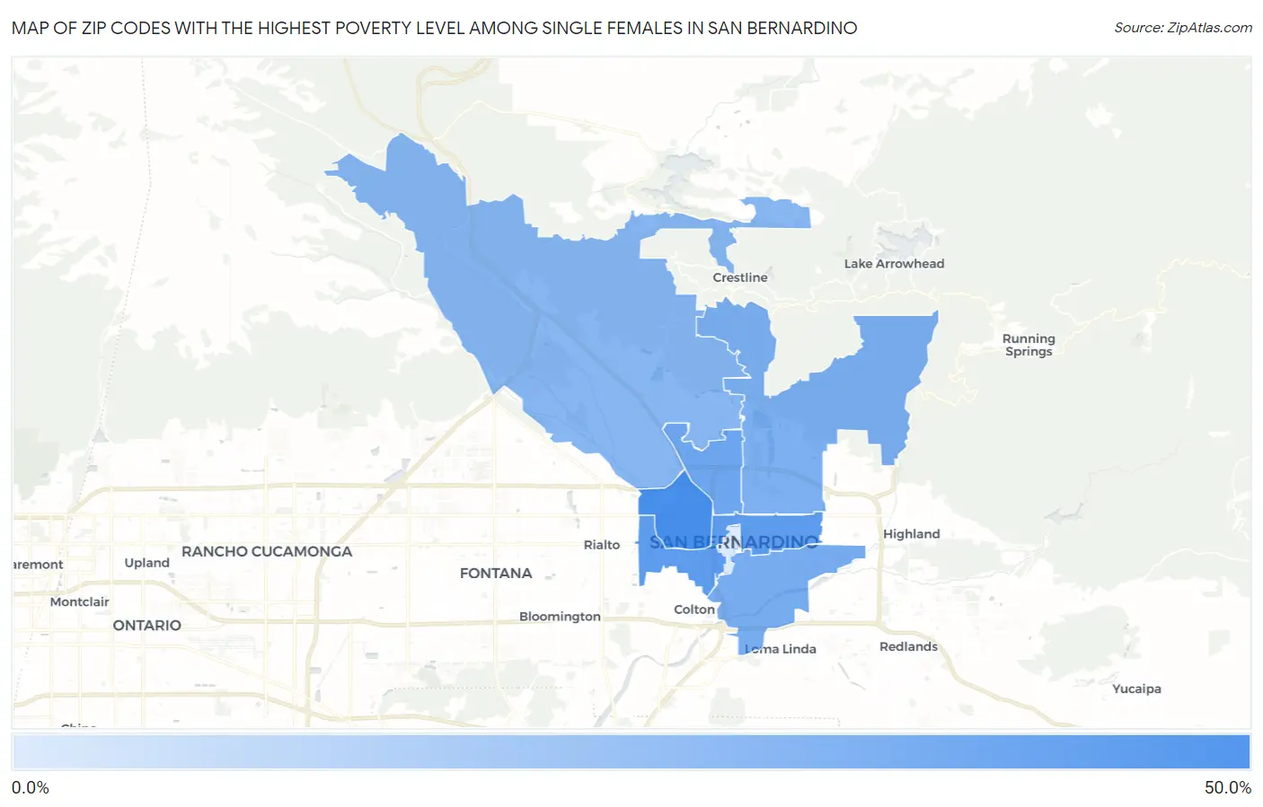 Zip Codes with the Highest Poverty Level Among Single Females in San Bernardino Map