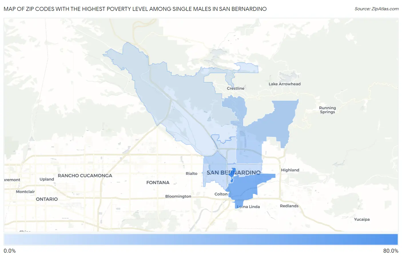 Zip Codes with the Highest Poverty Level Among Single Males in San Bernardino Map