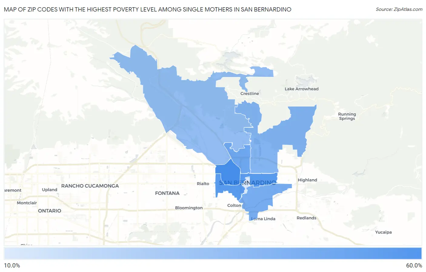 Zip Codes with the Highest Poverty Level Among Single Mothers in San Bernardino Map