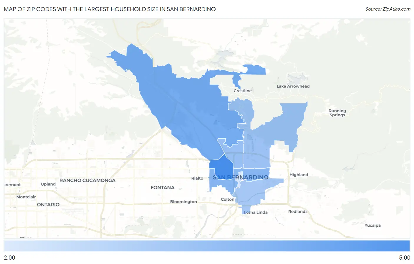 Zip Codes with the Largest Household Size in San Bernardino Map