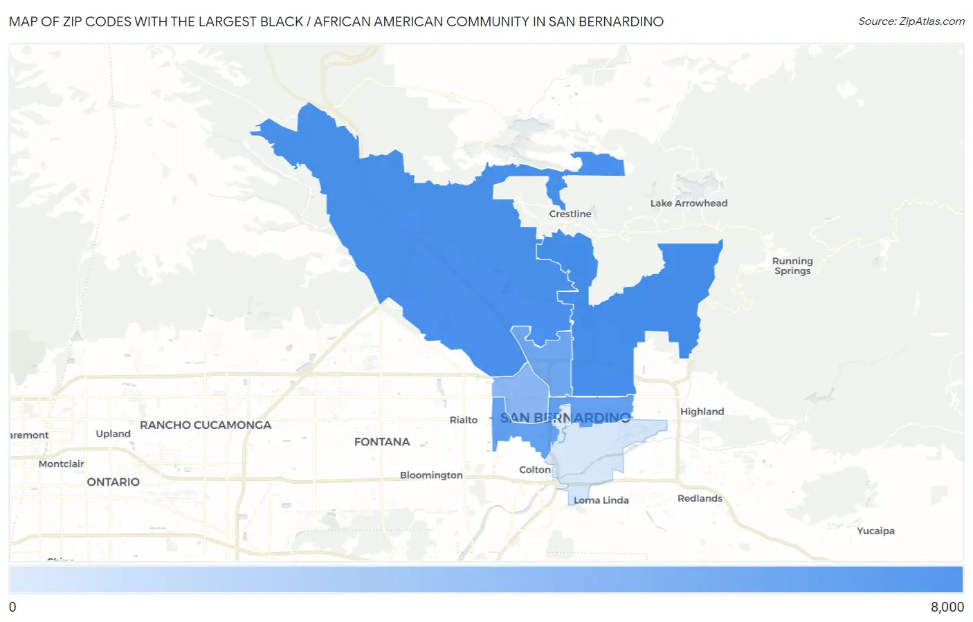 Zip Codes with the Largest Black / African American Community in San Bernardino Map
