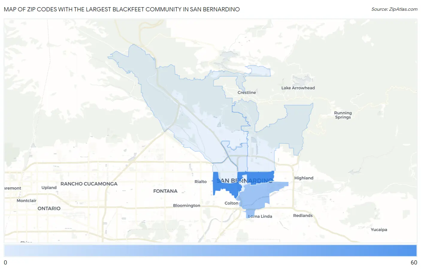 Zip Codes with the Largest Blackfeet Community in San Bernardino Map