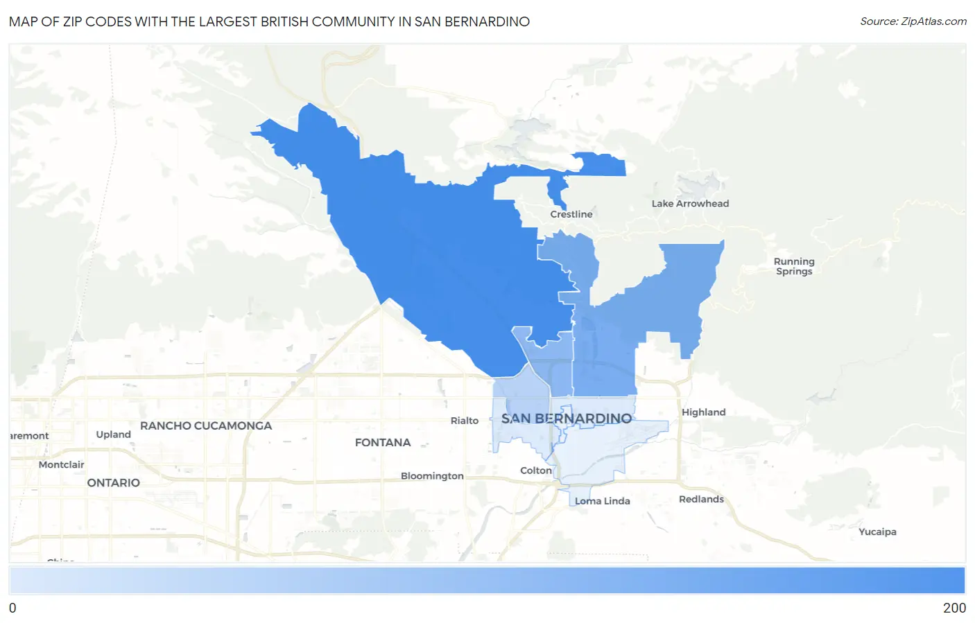 Zip Codes with the Largest British Community in San Bernardino Map