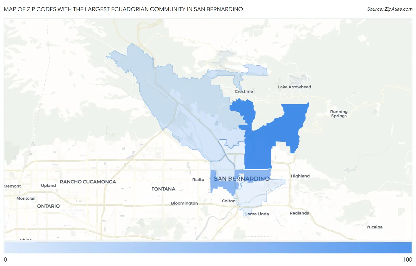 Zip Codes with the Largest Ecuadorian Community in San Bernardino Map