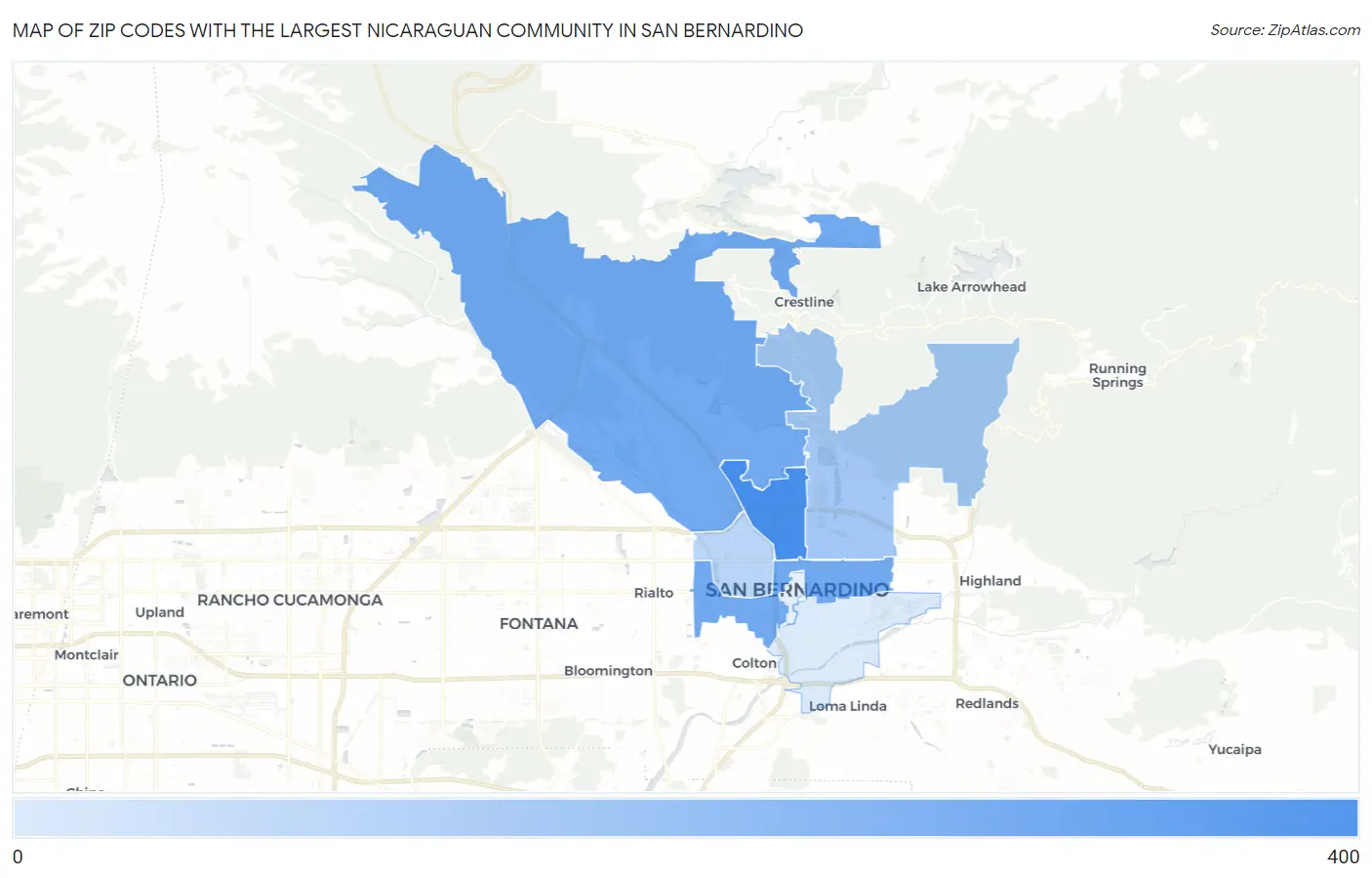 Zip Codes with the Largest Nicaraguan Community in San Bernardino Map