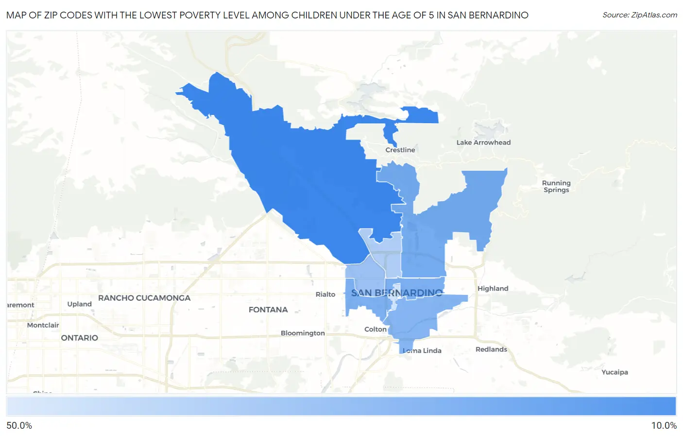 Zip Codes with the Lowest Poverty Level Among Children Under the Age of 5 in San Bernardino Map