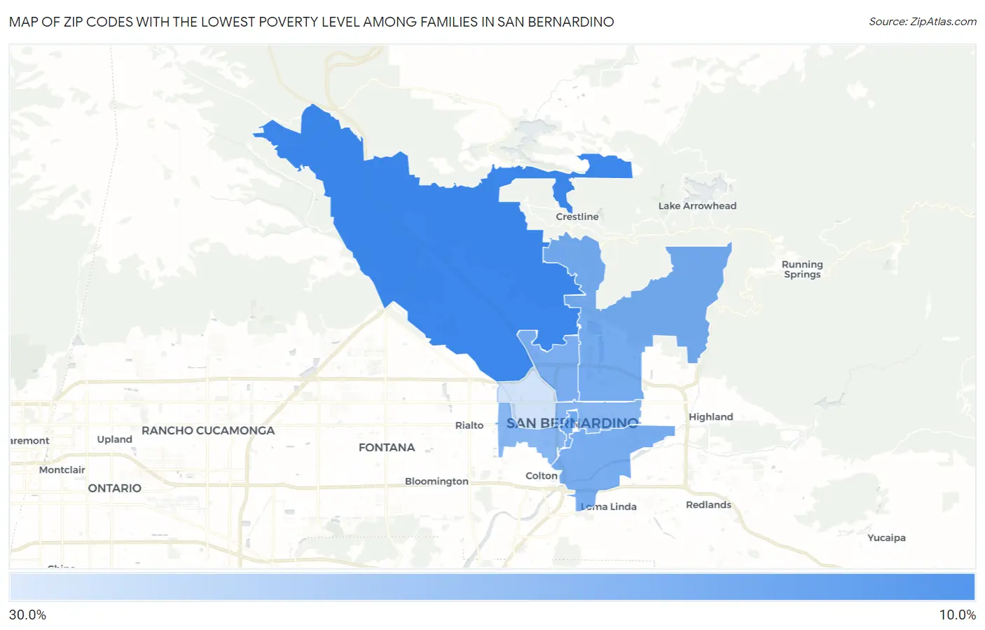 Zip Codes with the Lowest Poverty Level Among Families in San Bernardino Map