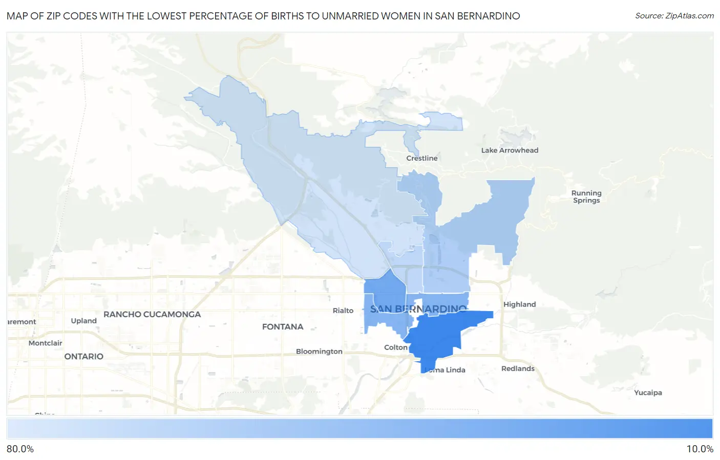 Zip Codes with the Lowest Percentage of Births to Unmarried Women in San Bernardino Map