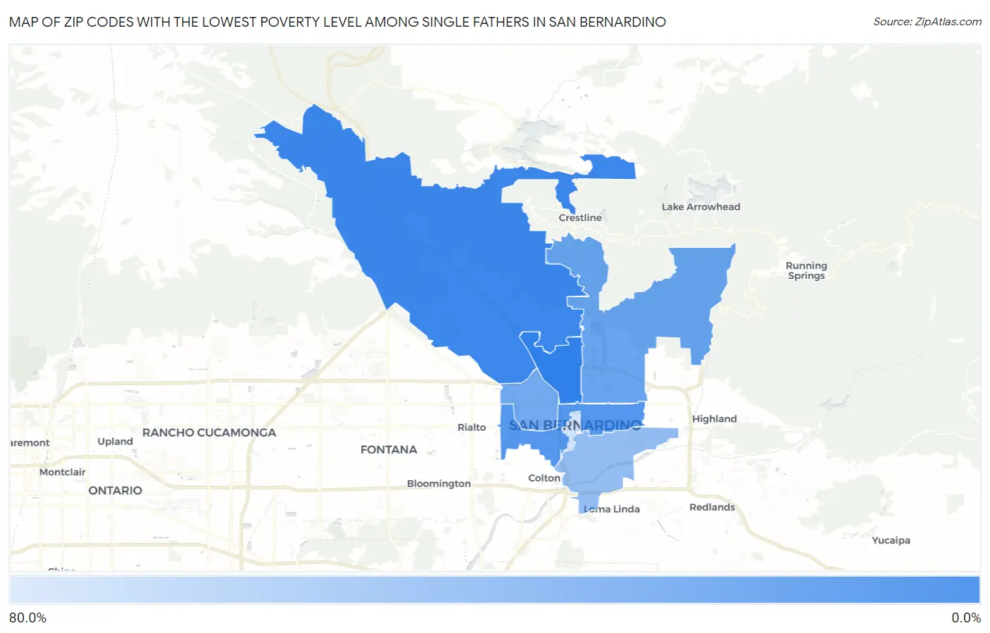 Zip Codes with the Lowest Poverty Level Among Single Fathers in San Bernardino Map