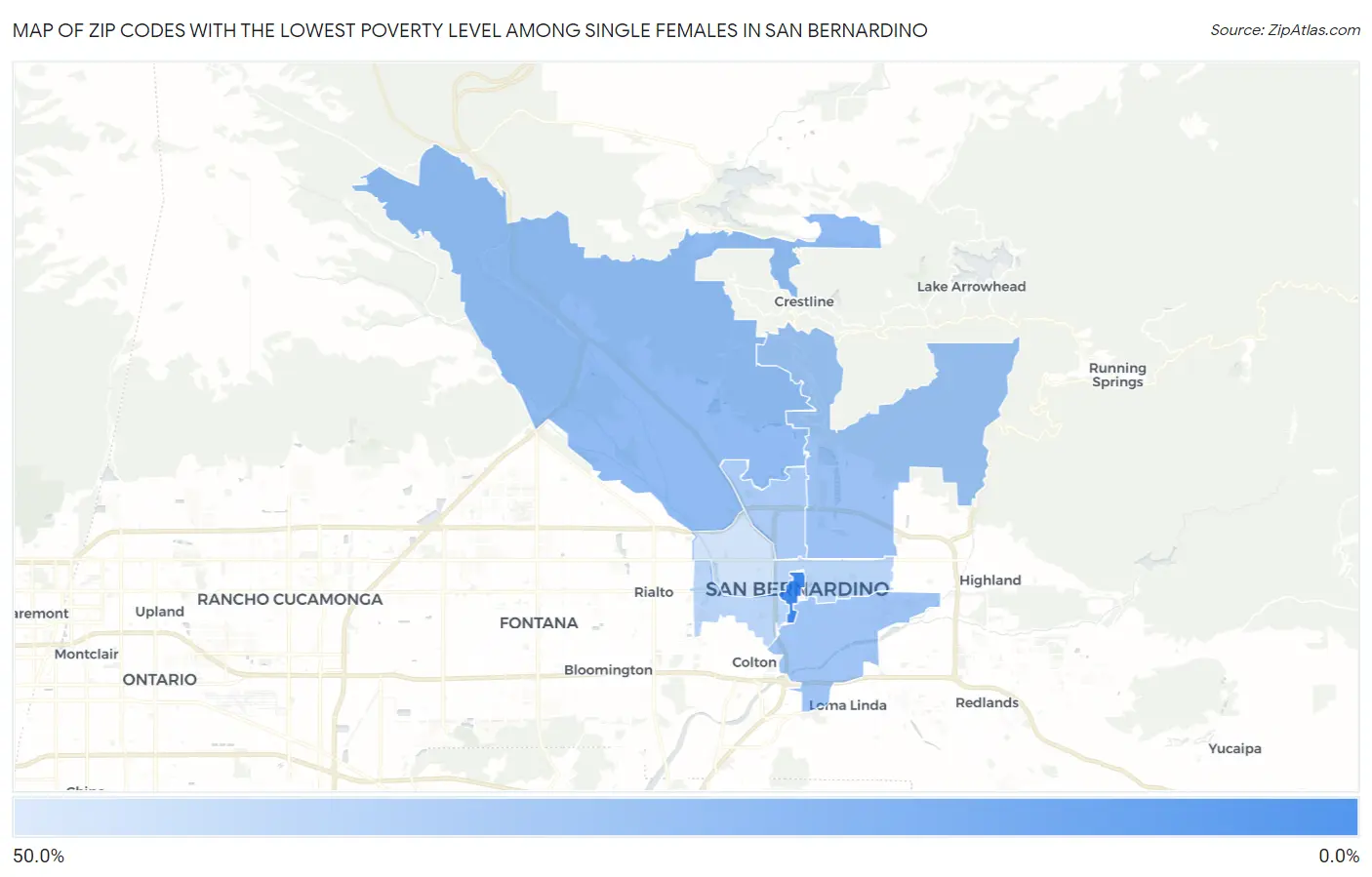 Zip Codes with the Lowest Poverty Level Among Single Females in San Bernardino Map
