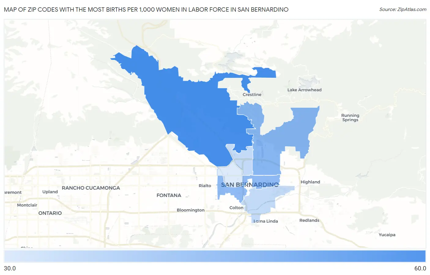 Zip Codes with the Most Births per 1,000 Women in Labor Force in San Bernardino Map