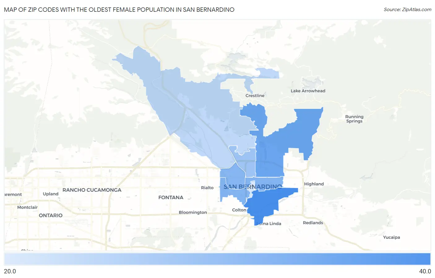 Zip Codes with the Oldest Female Population in San Bernardino Map