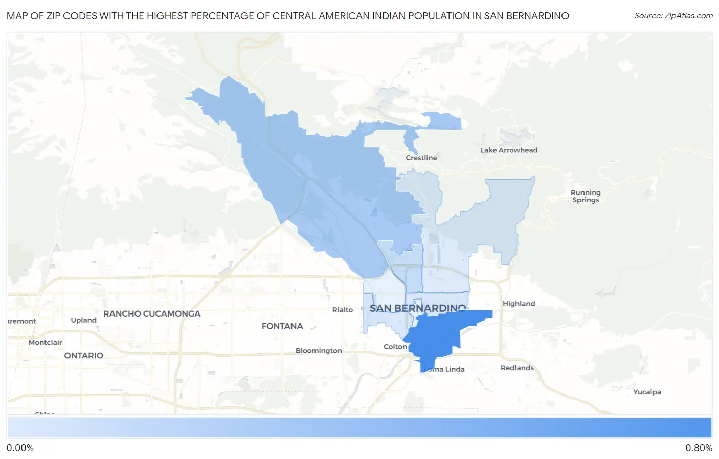 Zip Codes with the Highest Percentage of Central American Indian Population in San Bernardino Map