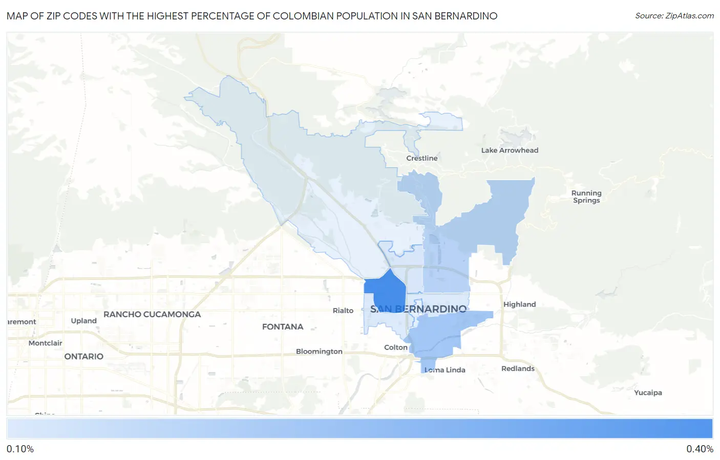 Zip Codes with the Highest Percentage of Colombian Population in San Bernardino Map