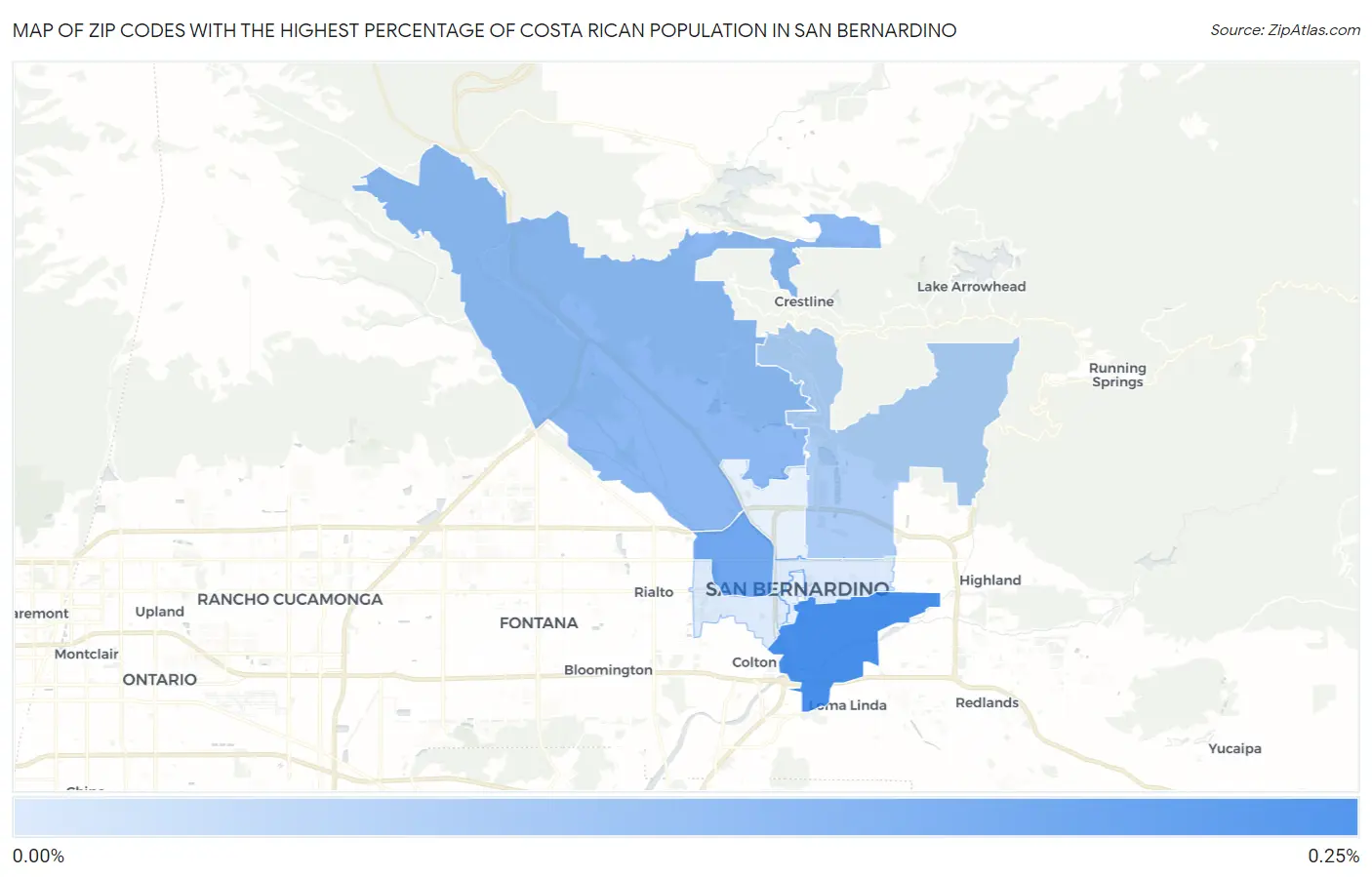 Zip Codes with the Highest Percentage of Costa Rican Population in San Bernardino Map