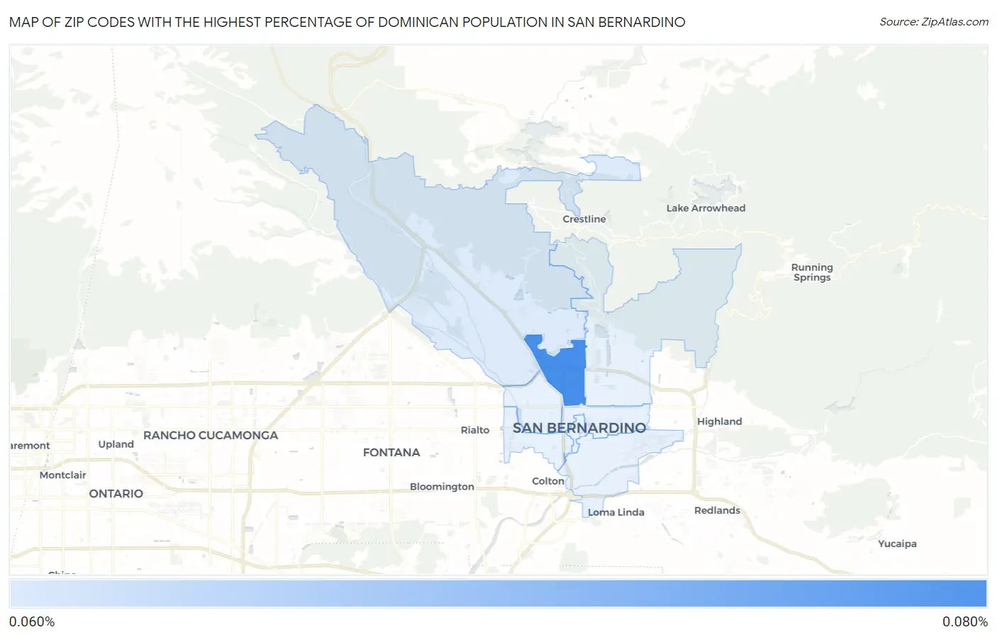 Zip Codes with the Highest Percentage of Dominican Population in San Bernardino Map