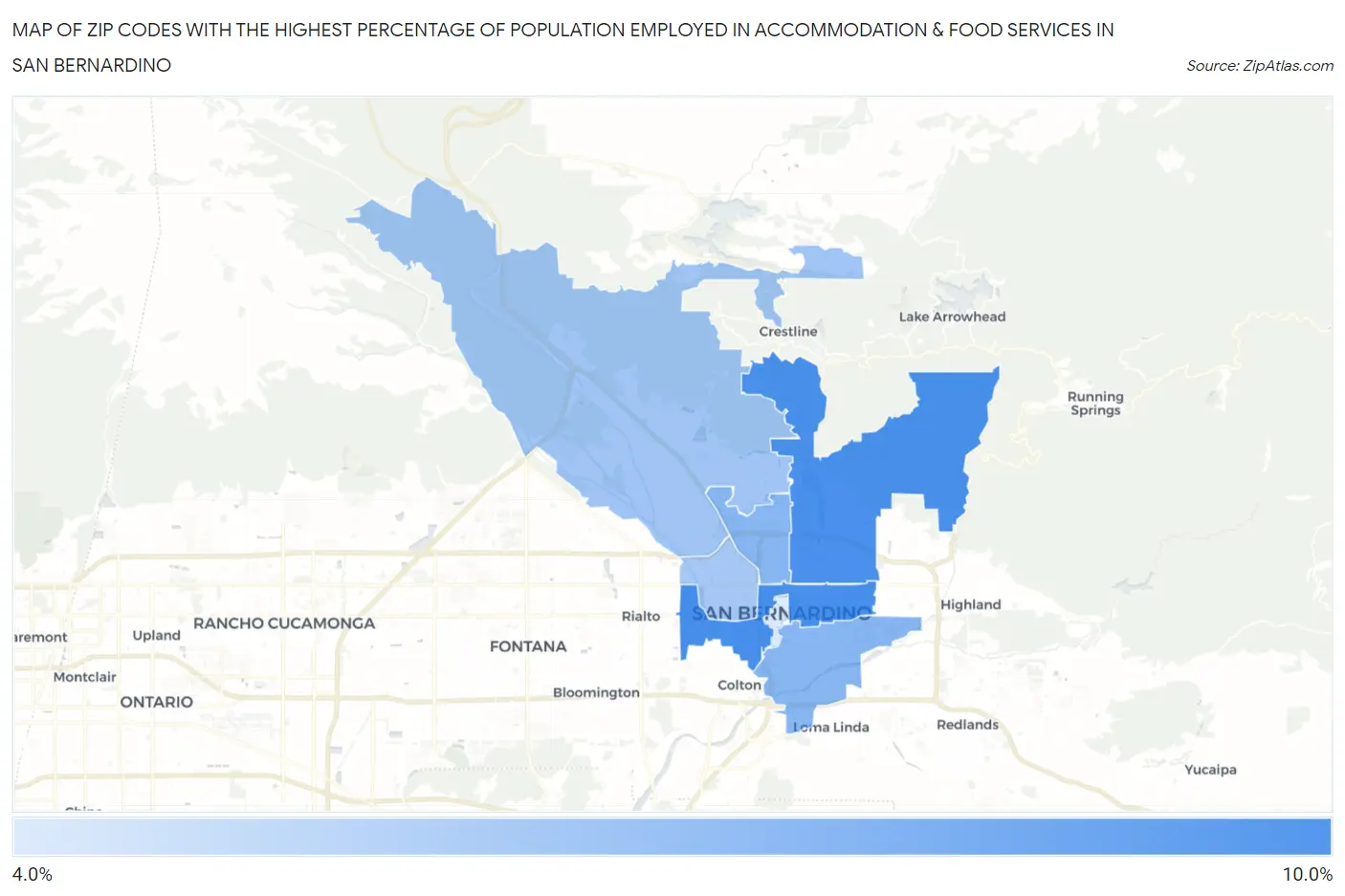 Zip Codes with the Highest Percentage of Population Employed in Accommodation & Food Services in San Bernardino Map
