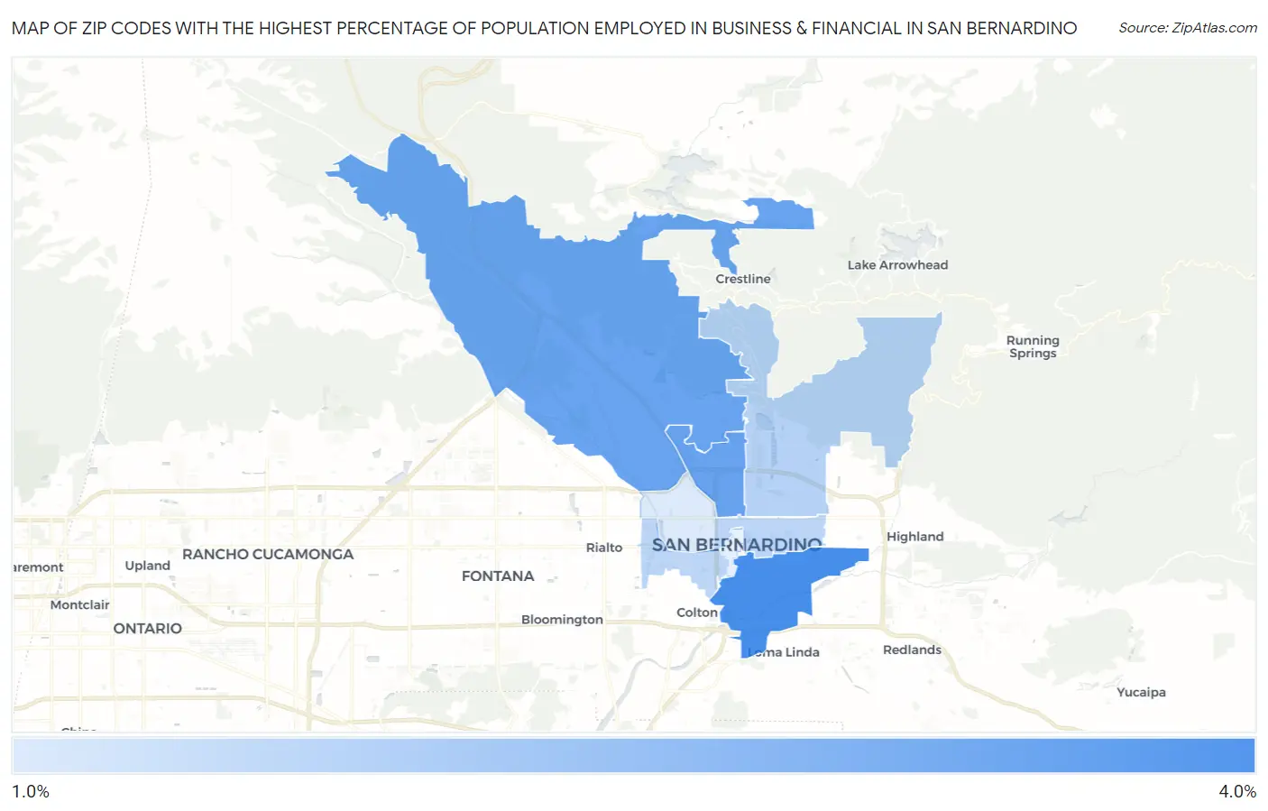 Zip Codes with the Highest Percentage of Population Employed in Business & Financial in San Bernardino Map