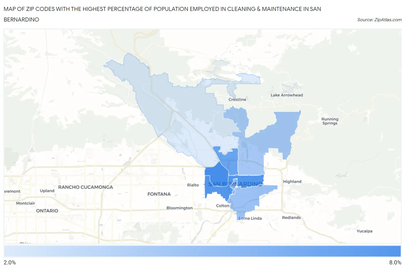 Zip Codes with the Highest Percentage of Population Employed in Cleaning & Maintenance in San Bernardino Map