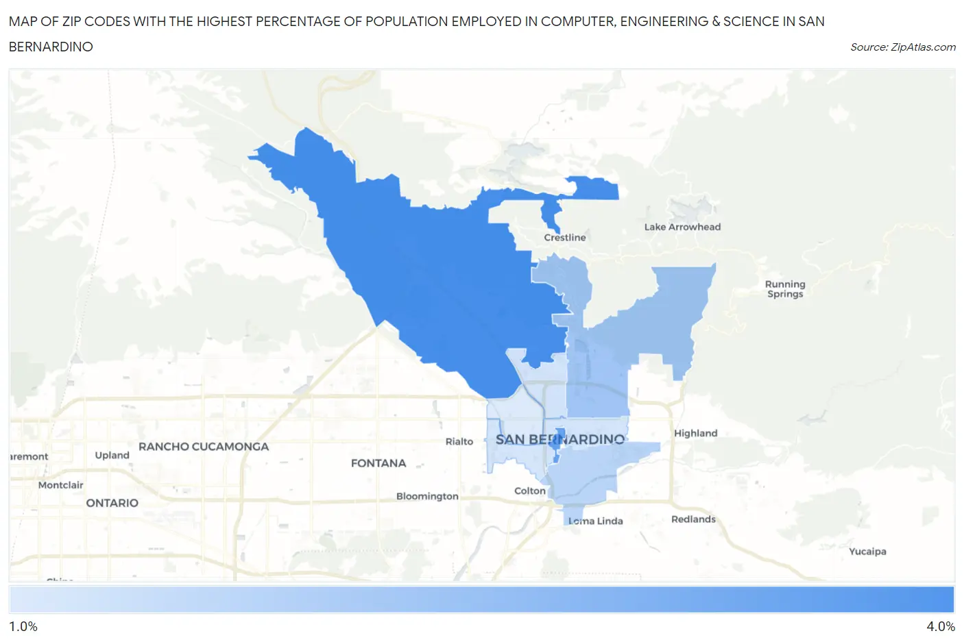 Zip Codes with the Highest Percentage of Population Employed in Computer, Engineering & Science in San Bernardino Map