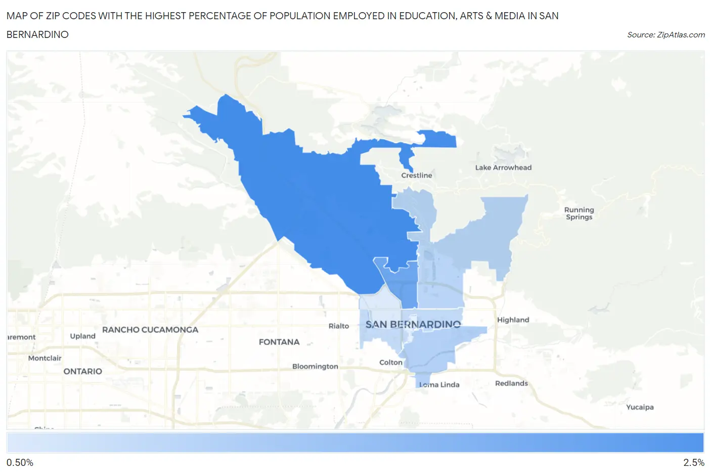 Zip Codes with the Highest Percentage of Population Employed in Education, Arts & Media in San Bernardino Map
