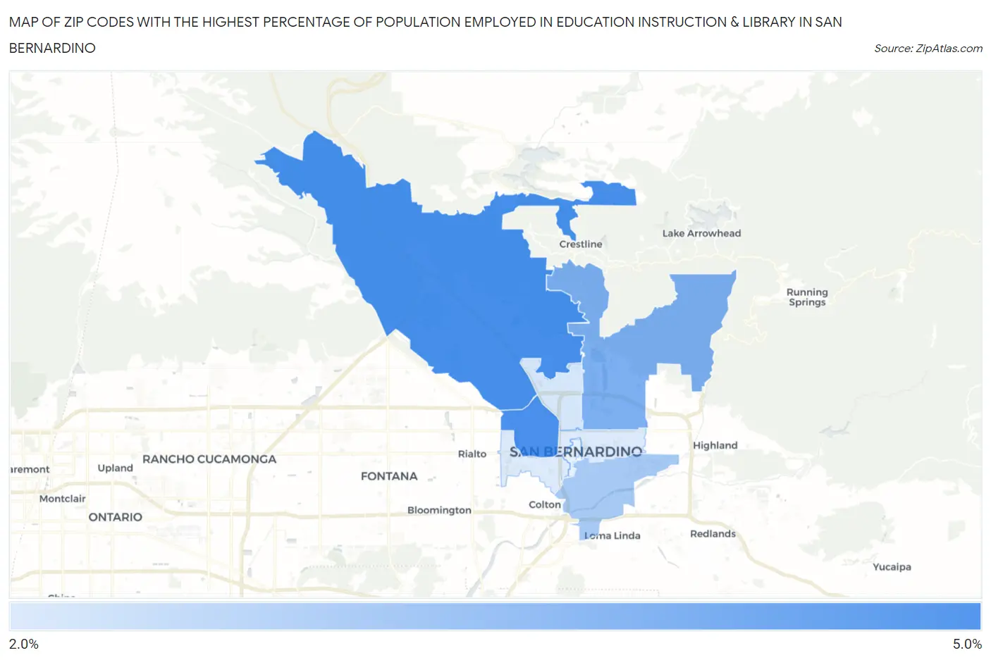 Zip Codes with the Highest Percentage of Population Employed in Education Instruction & Library in San Bernardino Map