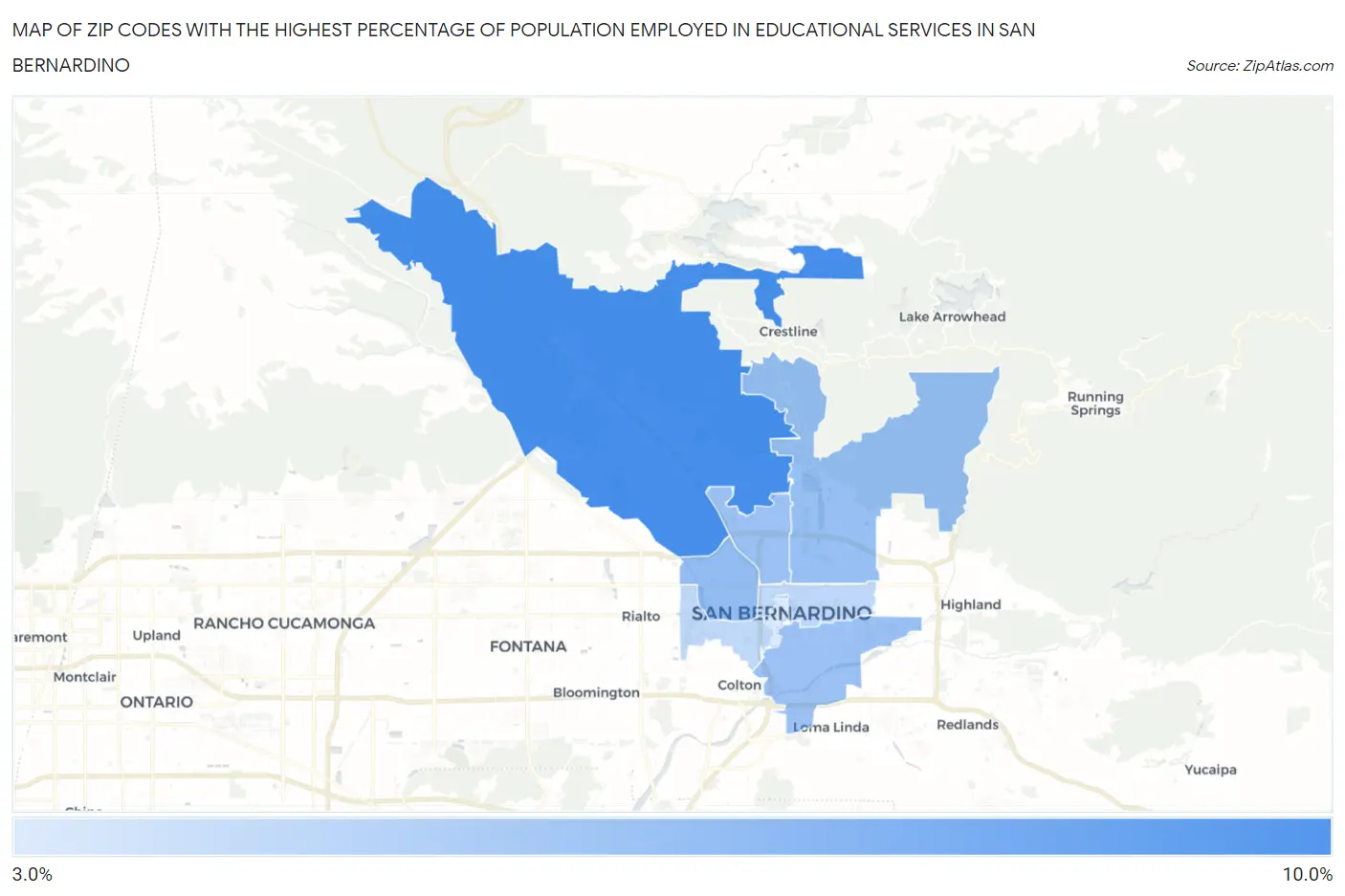 Zip Codes with the Highest Percentage of Population Employed in Educational Services in San Bernardino Map