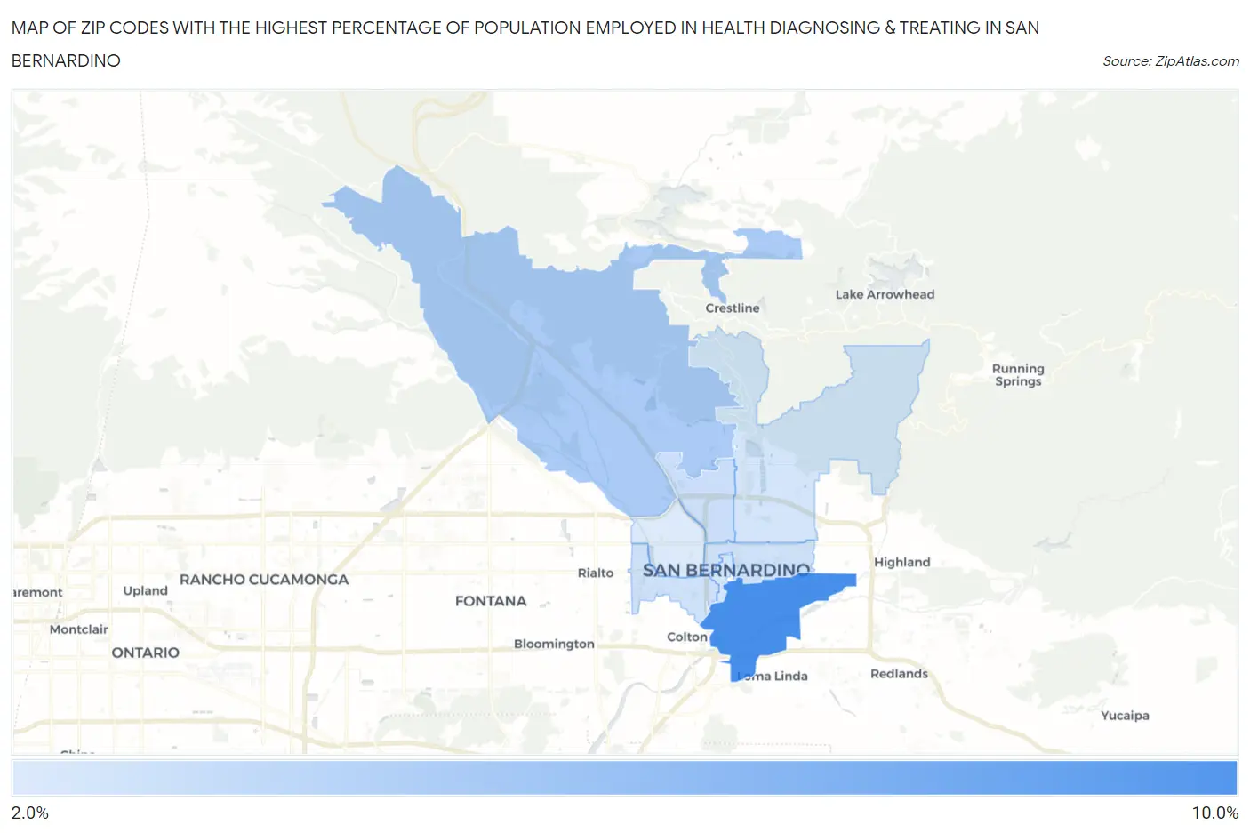 Zip Codes with the Highest Percentage of Population Employed in Health Diagnosing & Treating in San Bernardino Map