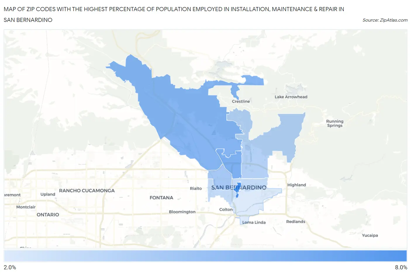 Zip Codes with the Highest Percentage of Population Employed in Installation, Maintenance & Repair in San Bernardino Map
