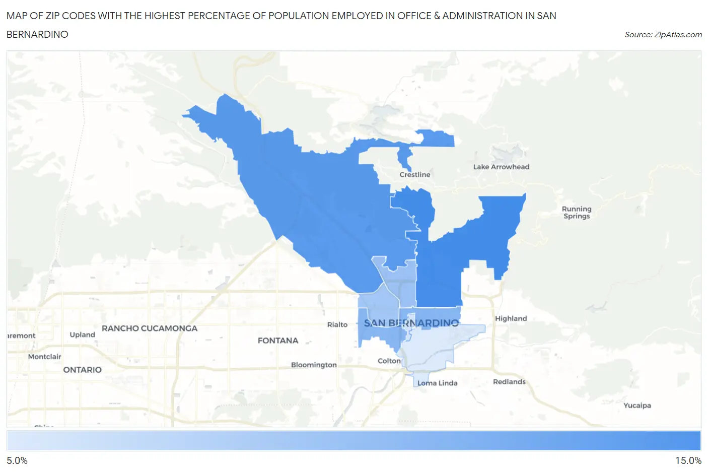 Zip Codes with the Highest Percentage of Population Employed in Office & Administration in San Bernardino Map