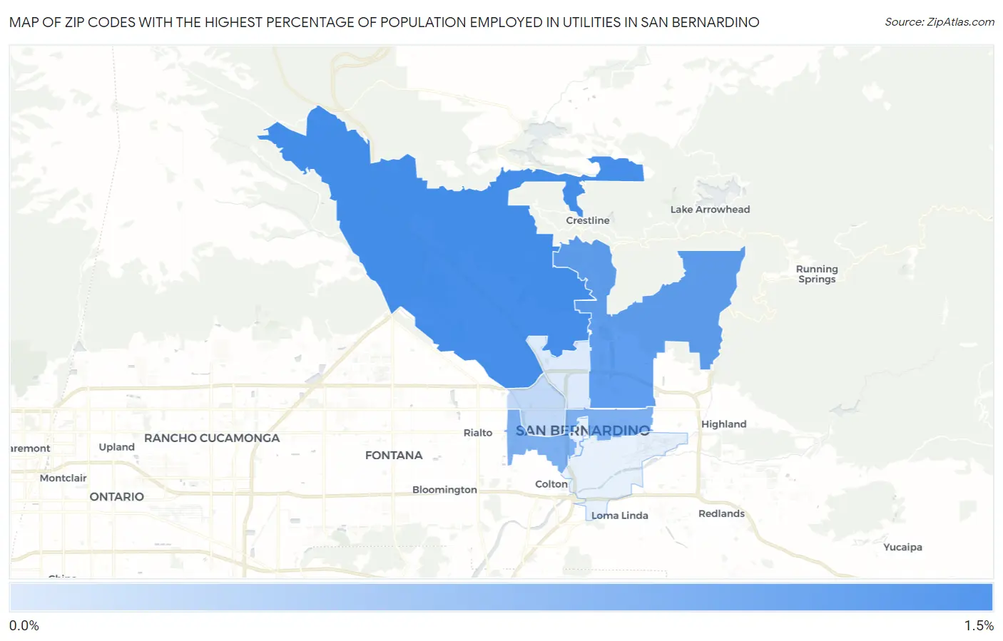 Zip Codes with the Highest Percentage of Population Employed in Utilities in San Bernardino Map