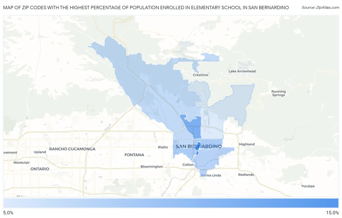 Zip Codes with the Highest Percentage of Population Enrolled in Elementary School in San Bernardino Map