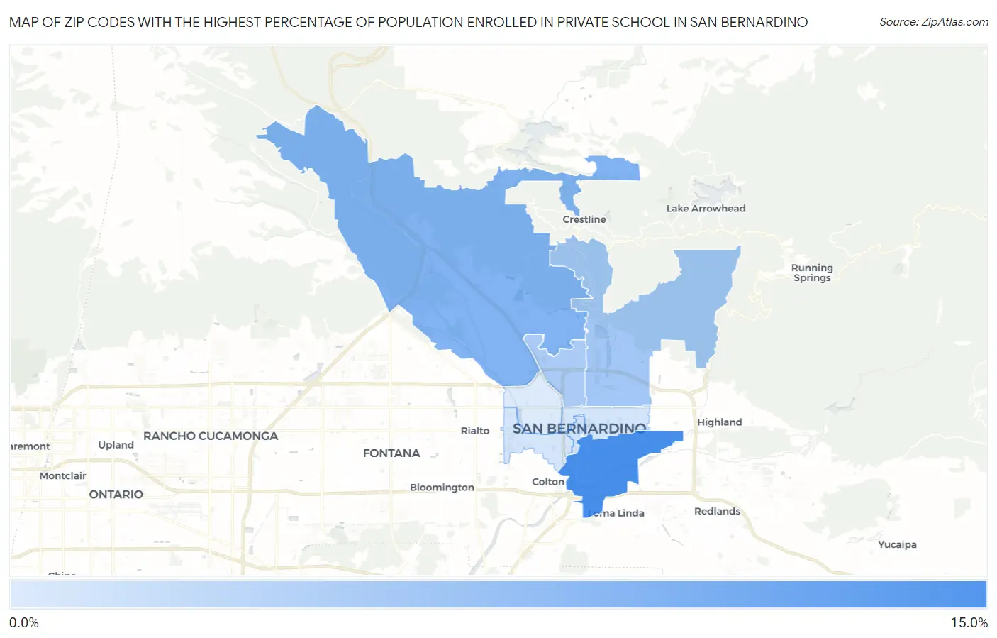 Zip Codes with the Highest Percentage of Population Enrolled in Private School in San Bernardino Map