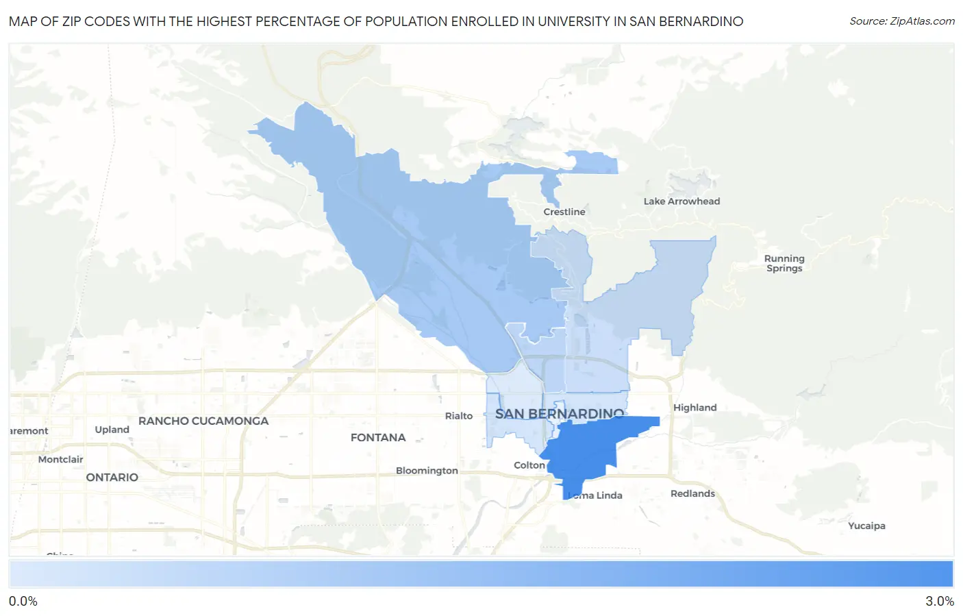 Zip Codes with the Highest Percentage of Population Enrolled in University in San Bernardino Map