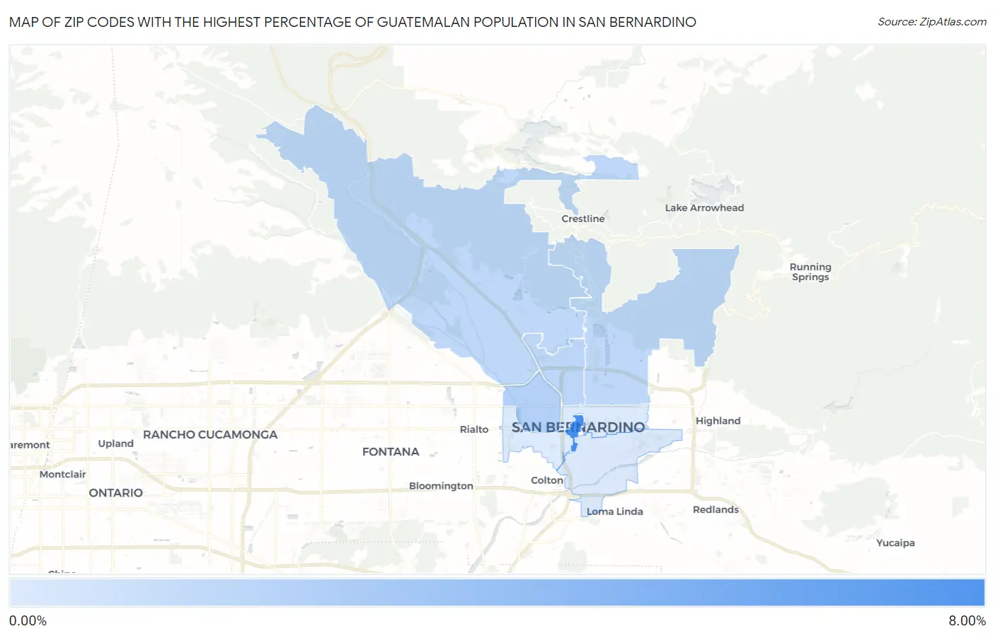 Zip Codes with the Highest Percentage of Guatemalan Population in San Bernardino Map