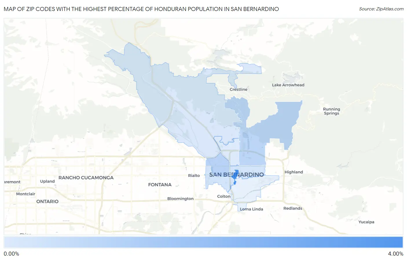 Zip Codes with the Highest Percentage of Honduran Population in San Bernardino Map