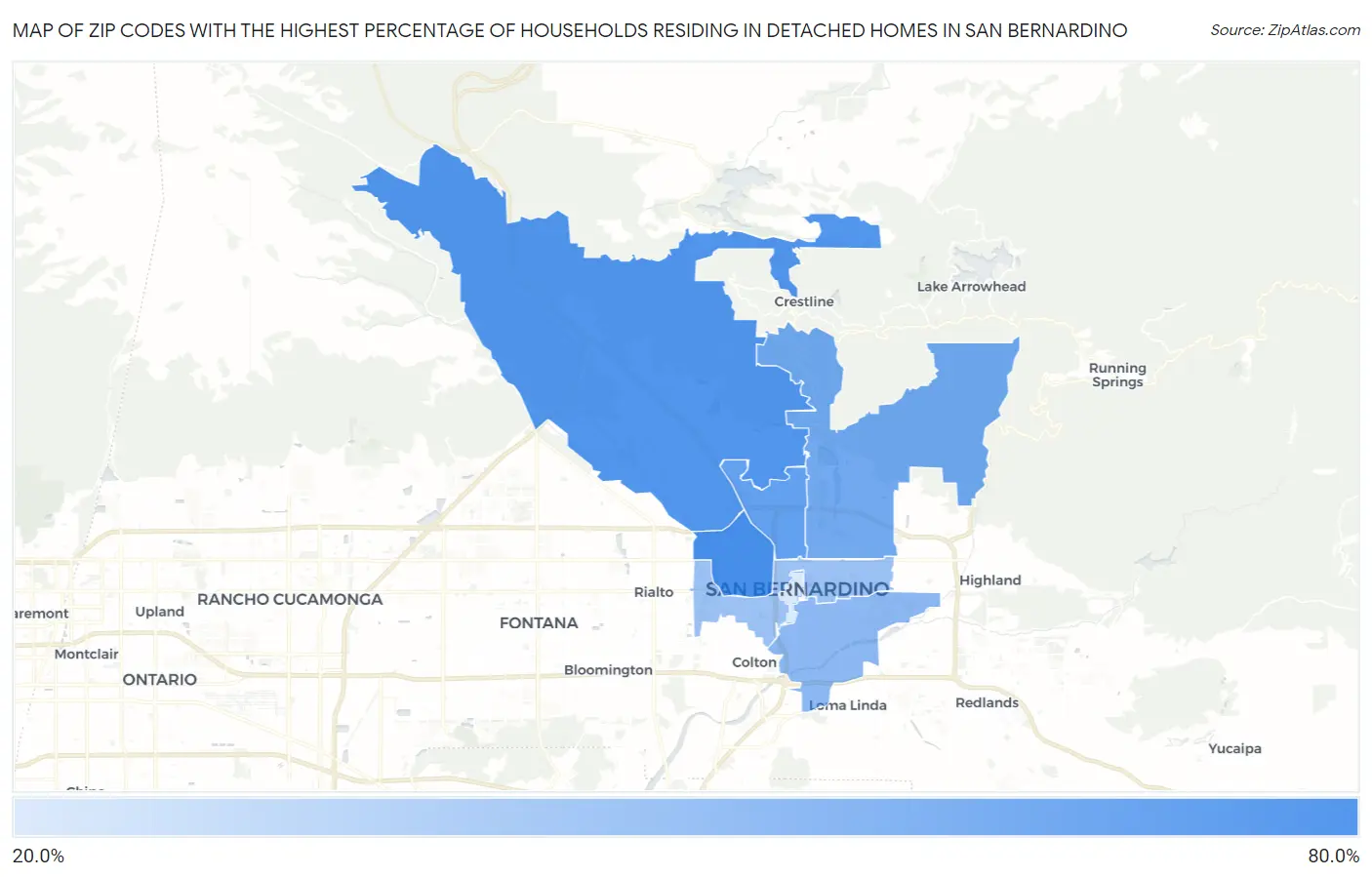 Zip Codes with the Highest Percentage of Households Residing in Detached Homes in San Bernardino Map