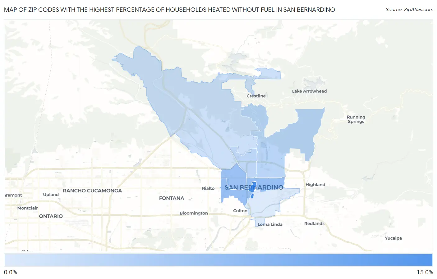 Zip Codes with the Highest Percentage of Households Heated without Fuel in San Bernardino Map