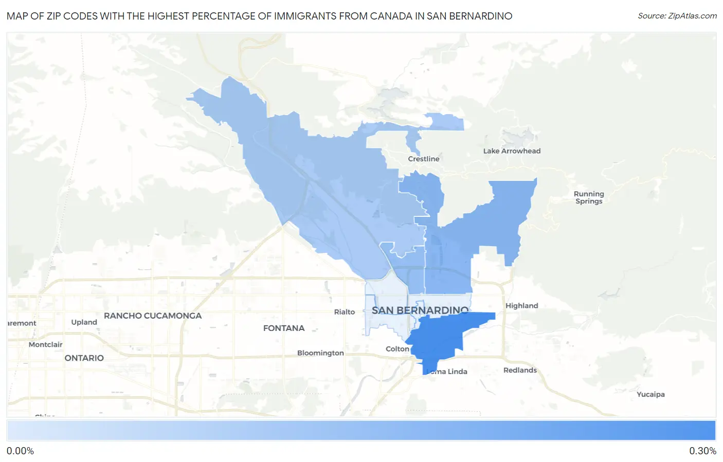 Zip Codes with the Highest Percentage of Immigrants from Canada in San Bernardino Map
